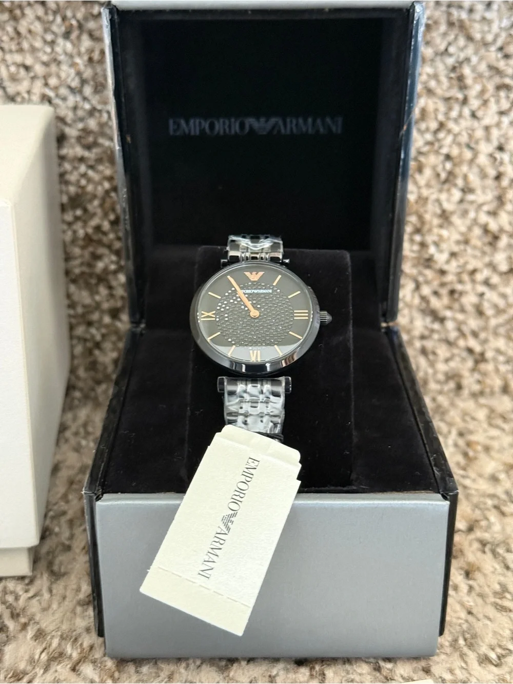 Emporio Armani Women's Black and Rose Gold Stainless Steel Bracelet Watch
